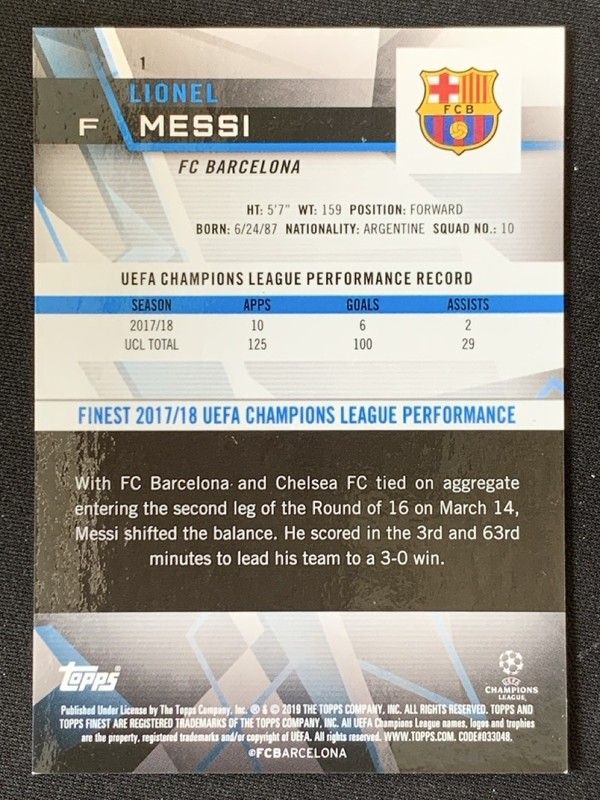 Lionel Messi 2018-19 Topps Finest UCL Green Refractor /99 #1 view 2