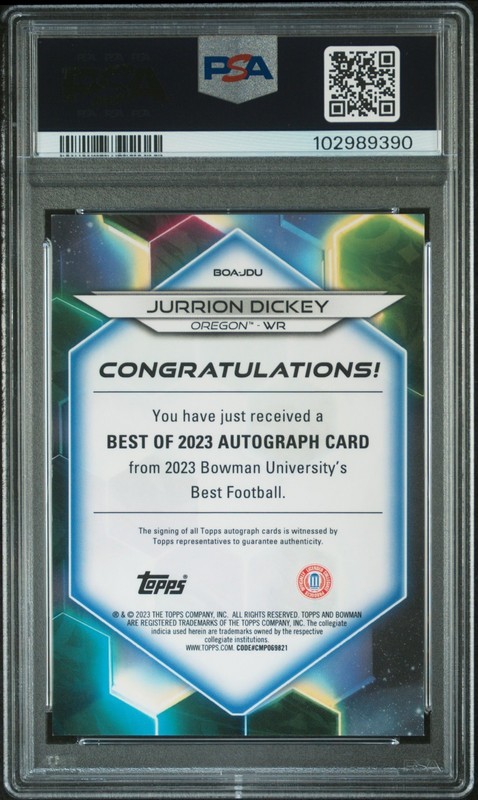 2023 Bowman Best U Jurrion Dickey Auto Superfractor 1/1 PSA 8 Oregon Ducks view 2