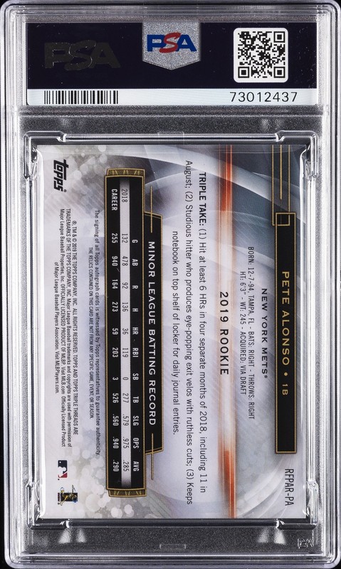 2019 TRIPLE THREADS ROOKIES & FUTURE PHENOMS AUTO RELIC PETE ALONSO 25/75 PSA 10 view 2