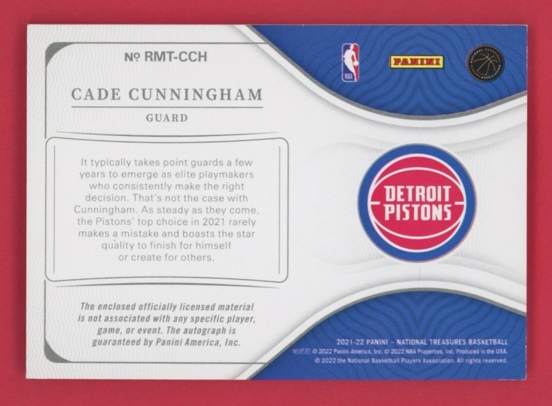 2021-22 National Treasures Cade Cunningham RPA RC Patch Auto /49 Rookie Triple view 2