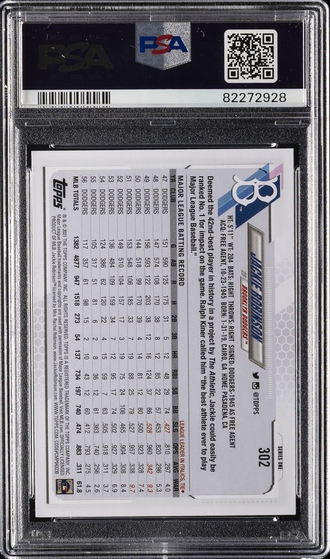 2021 TOPPS #302 JACKIE ROBINSON PSA 10 view 2