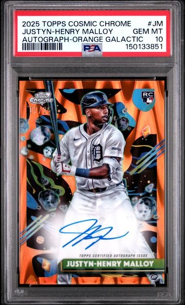 2025 Topps Chrome Cosmic Justyn-Henry Malloy RC Auto Orange Galactic /25 PSA 10