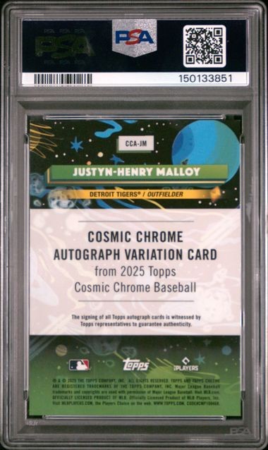 2025 Topps Chrome Cosmic Justyn-Henry Malloy RC Auto Orange Galactic /25 PSA 10 view 2