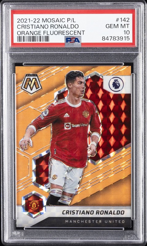 2021 PANINI MOSAIC PREMIER LEAGUE ORANGE FLUORESCENT CRISTIANO RONALDO PSA 10