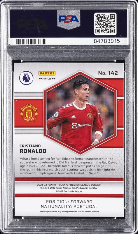 2021 PANINI MOSAIC PREMIER LEAGUE ORANGE FLUORESCENT CRISTIANO RONALDO PSA 10 view 2
