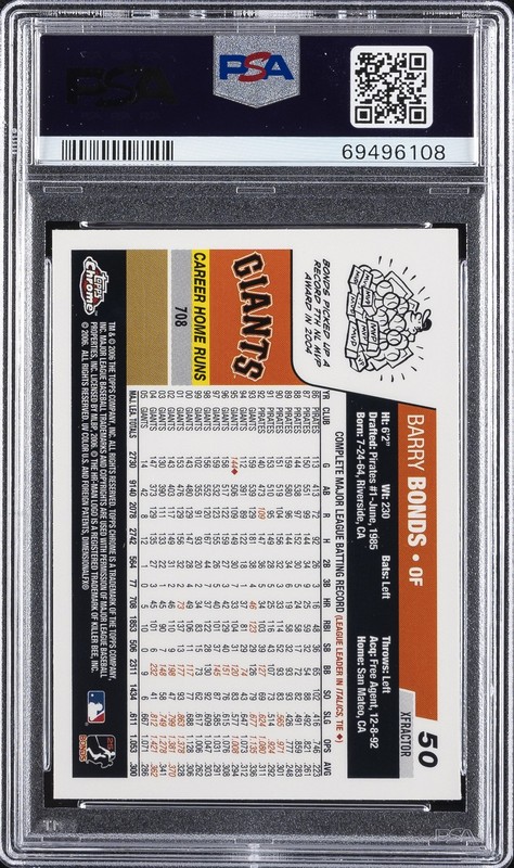 2006 TOPPS CHROME XFRACTOR #50 BARRY BONDS PSA 9 view 2