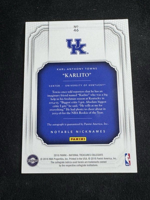 2016 Panini National Treasures Karl-Anthony Towns Notable Nicknames Auto 14/25 view 2