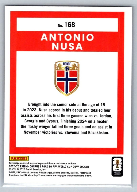 2025-26 Donruss Road to Fifa - Antonio Nusa Cubic #168 NORWAY view 2