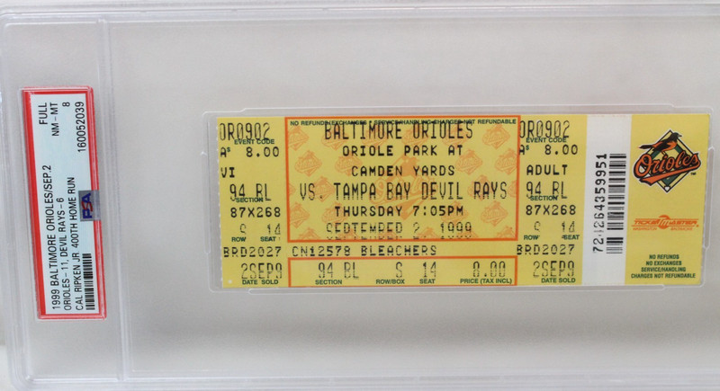 1999 Cal Ripken Jr. 400th Home Run Full Ticket Stub Graded PSA 8 Orioles 9/2/99