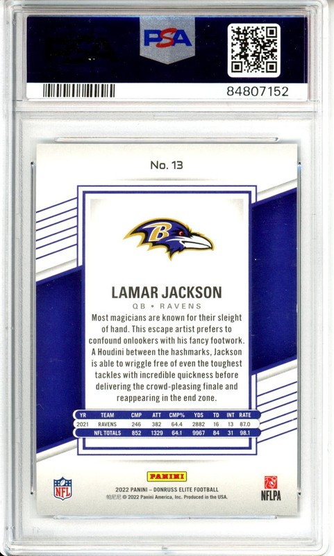 2022 Donruss Elite #13 Lamar Jackson Gold PSA 9 #/10 view 2