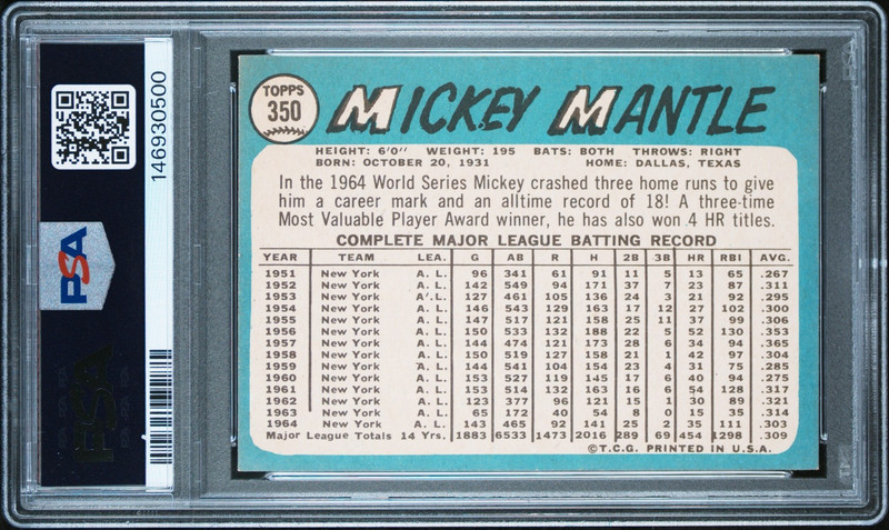 1965 Topps #350 Mickey Mantle PSA 5 EX-MT New York Yankees HOF Looks Better view 2