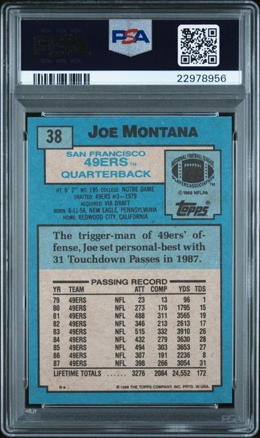 1988 Topps #38 Joe Montana Card PSA 10 HOF San Francisco 49ers Notre Dame GOAT view 2