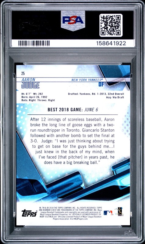 2018 BOWMAN'S BEST ATOMIC REFRACTOR #25 AARON JUDGE PSA 9 view 2