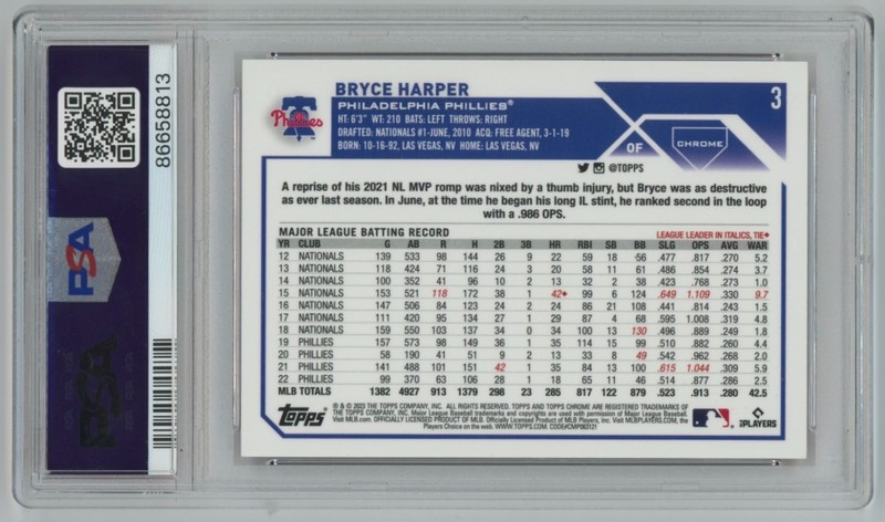 2023 Topps Chrome Bryce Harper #1/5 Red Wave Refractor PSA 10 #3 Phillies view 2