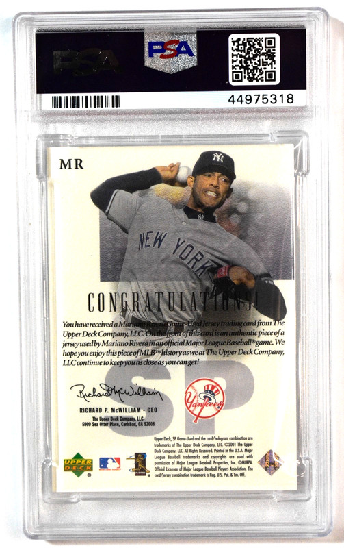 2001 SP Game-Used Mariano Rivera Authentic Fabric Pinstripe Patch PSA 8.5 NM-MT+ view 2
