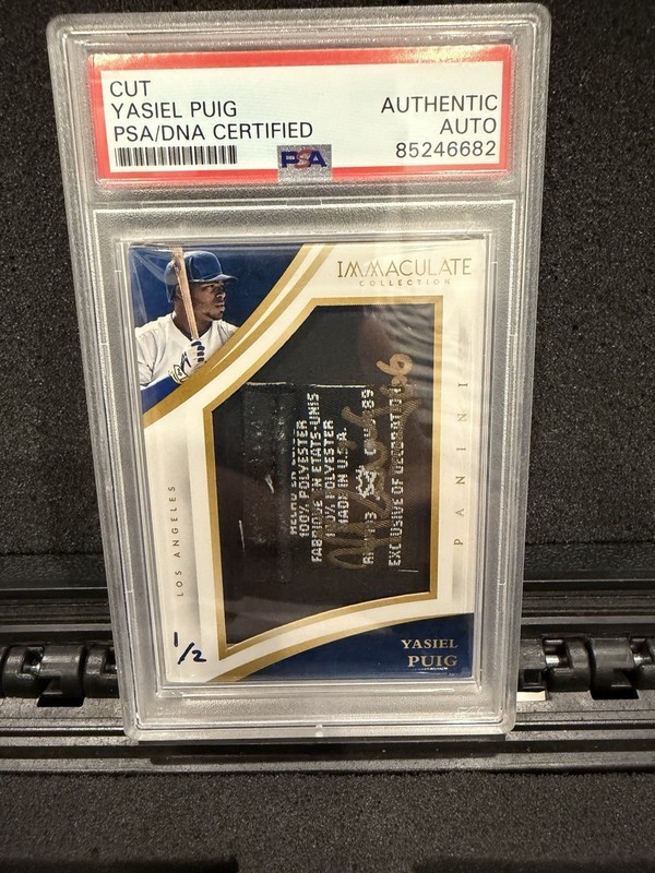 2015 Panini Immaculate Collection Yasiel Puig Tag Patch Auto Game Worn /2 PSA