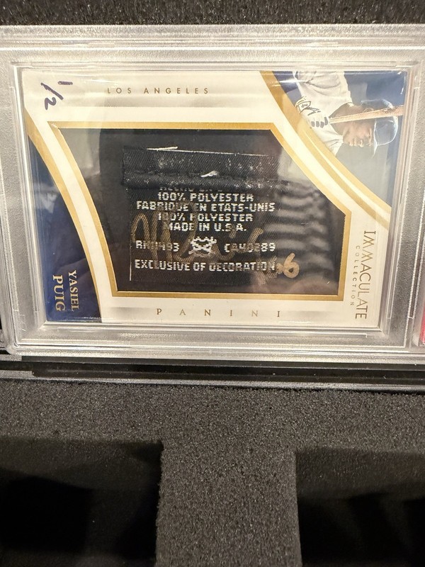 2015 Panini Immaculate Collection Yasiel Puig Tag Patch Auto Game Worn /2 PSA view 2