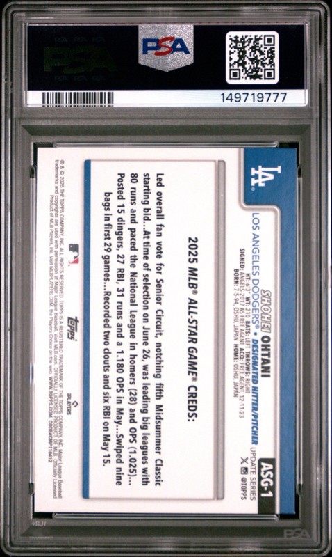 2025 Topps Update #ASG-1 Shohei Ohtani 2025 All-Star Game PSA 9 MINT view 2