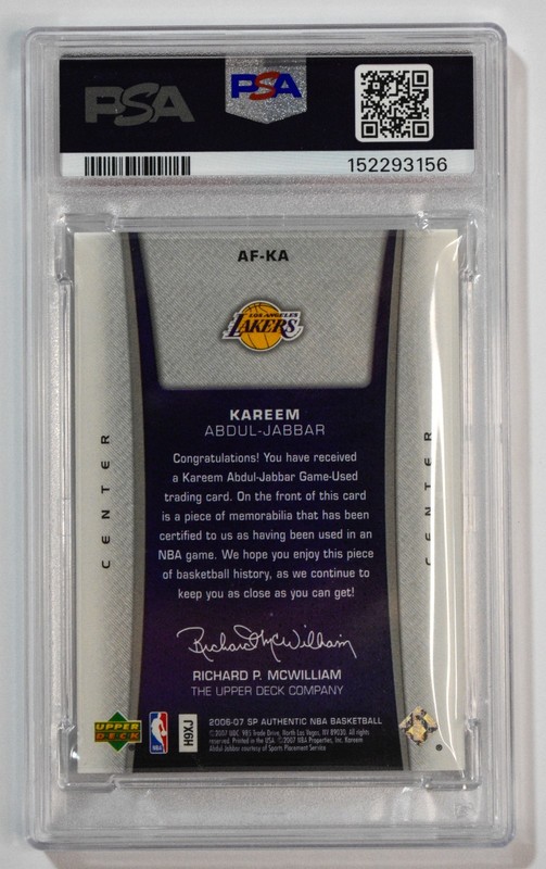 2006 SP Authentic #AF-KA Kareem Abdul-Jabbar Authentic Fabric Game Used PSA 9 view 2