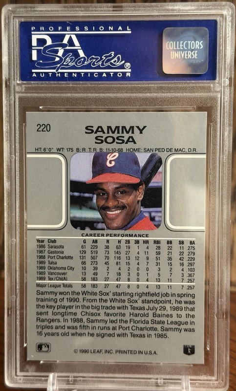 1990 Leaf #220 Sammy Sosa RC PSA 10 GEM MINT 609 Career Home Runs view 2