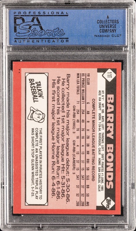 1986 TOPPS TRADED #11T BARRY BONDS ROOKIE RC PSA 10 view 2