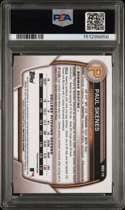 2023 BOWMAN DRAFT CHROME #BDC14 PAUL SKENES PSA 9 view 2