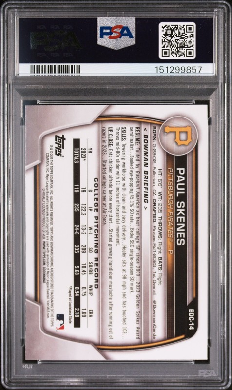 2023 BOWMAN DRAFT CHROME #BDC14 PAUL SKENES PSA 9 view 2