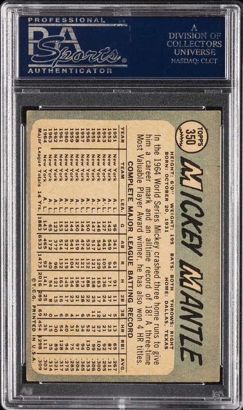 1965 TOPPS #350 MICKEY MANTLE PSA 4 view 2