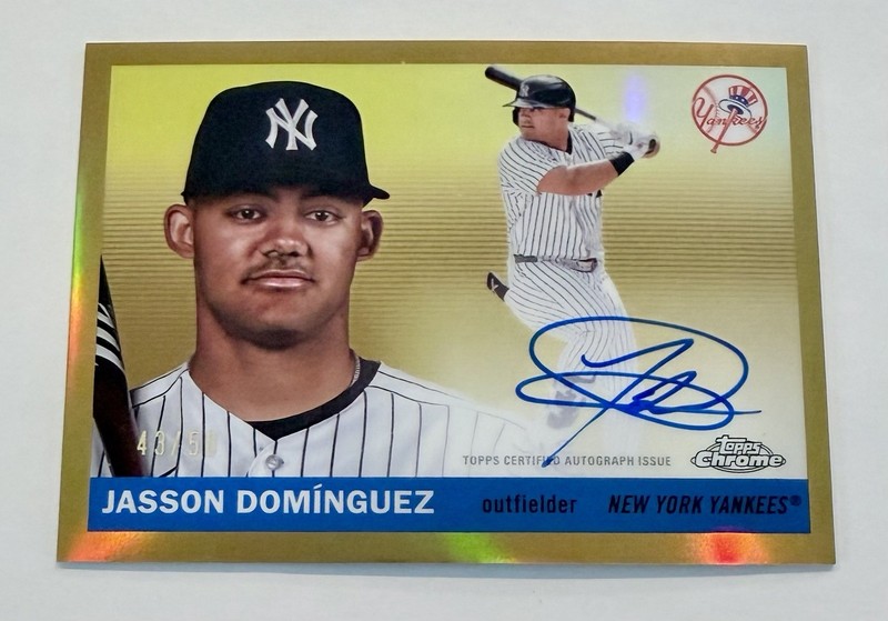 Jasson Dominguez 43/50 Gold Auto 2025 Topps Chrome Platinum ‘55 Baseball Card