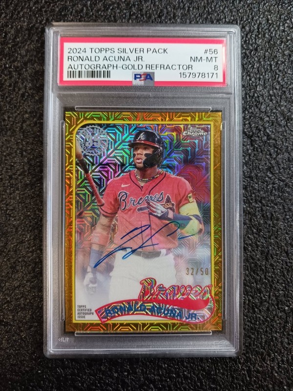 2024 Topps Silver Pack Ronald Acuna Jr. Gold Auto Refractor 32/50 PSA 8