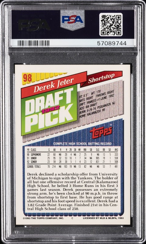 1993 TOPPS #98 DEREK JETER ROOKIE RC PSA 8 view 2