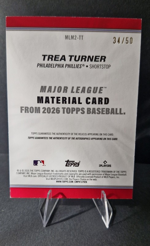 Trea Turner On Card Auto Game Warn Patch 2026 Topps Series 2 /50. No US Tarrifs view 2