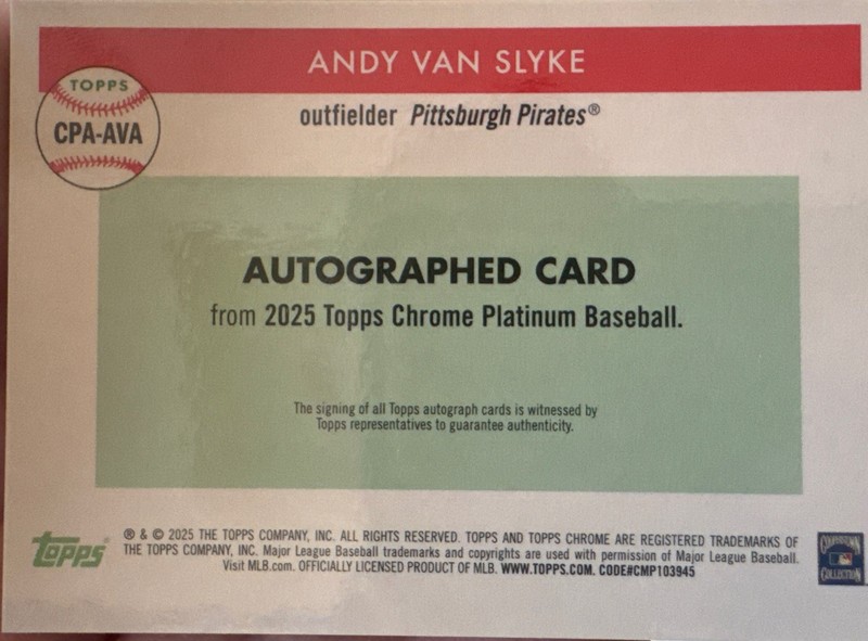 2025 Topps Chrome Platinum Andy Van Slyke On Card Auto Gold /50 view 2