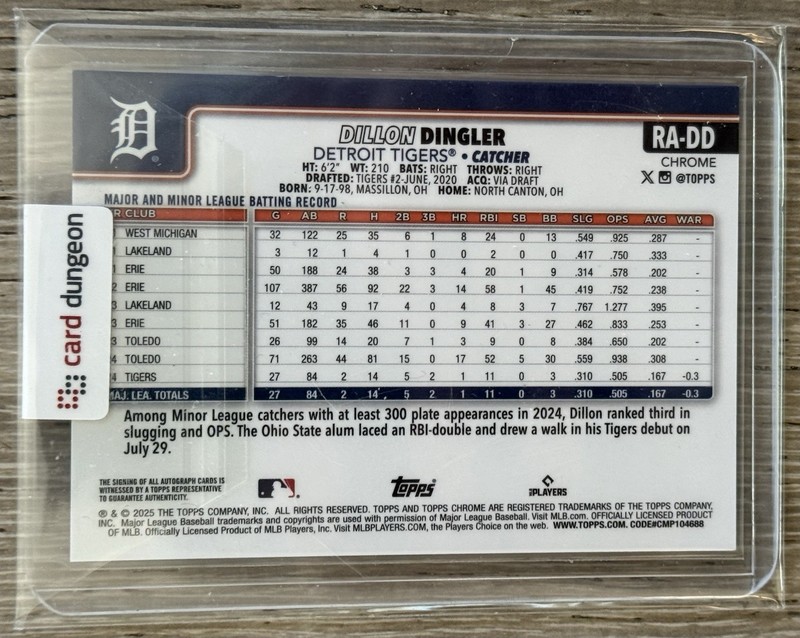 Dillon Dingler 2025 Topps Chrome #RADD Gold Refractor Auto /50 RC Detroit Tigers view 2