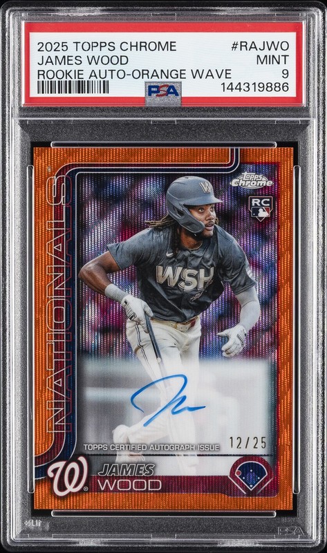 2025 TOPPS CHROME ROOKIE AUTOS ORANGE WAVE #RAJWO JAMES WOOD 12/25 PSA 9
