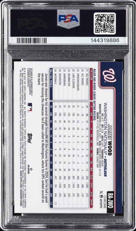 2025 TOPPS CHROME ROOKIE AUTOS ORANGE WAVE #RAJWO JAMES WOOD 12/25 PSA 9 view 2