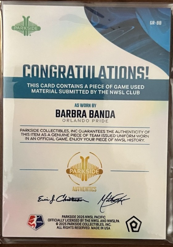 Barbra Banda 2025 Parkside NWSL Pacific GAME USED MATCH WORN Jersey Relic view 2