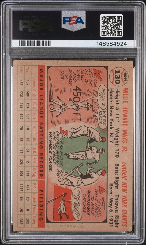 1956 TOPPS GRAY BACK #130 WILLIE MAYS PSA 2.5 view 2