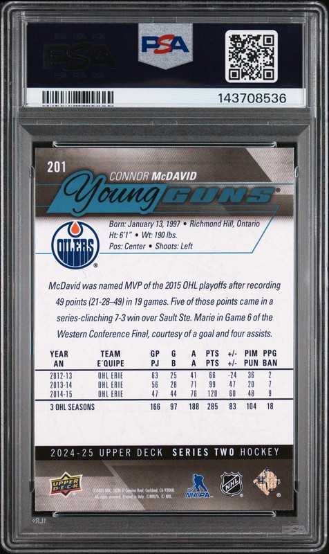 2024 UD YOUNG GUNS RENEWED #201 CONNOR MCDAVID PSA 10 view 2