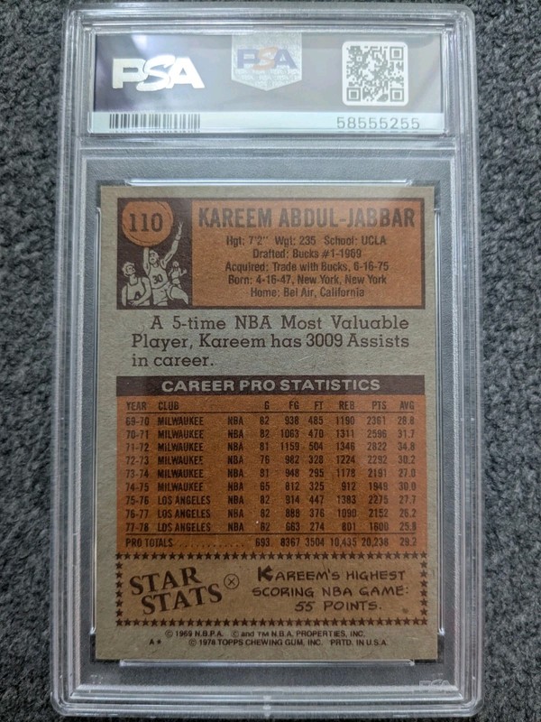 1978-79 TOPPS KAREEM ABDUL-JABBAR BASE CARD#110 PSA 6 EX-MT view 2