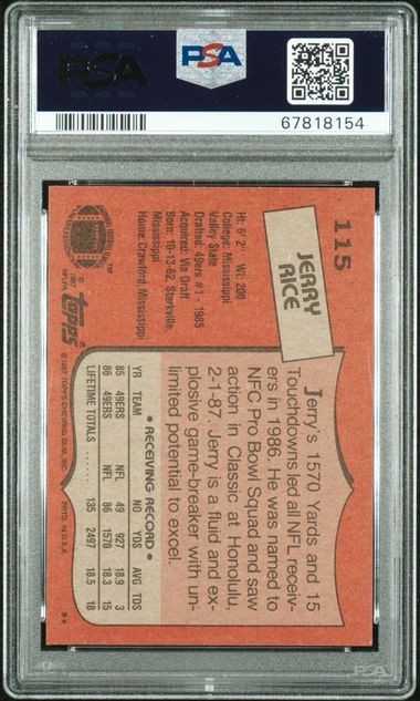 1987 Topps #115 Jerry Rice Card PSA 10 HOF San Francisco 49ers GOAT view 2
