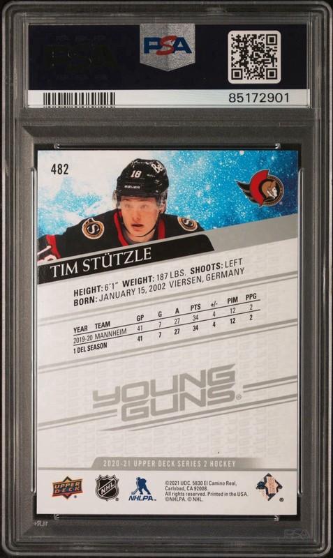 Upper Deck 2020-21 Series 2 Young Guns Tim Stutzle #482 Senators RC PSA 9 view 2