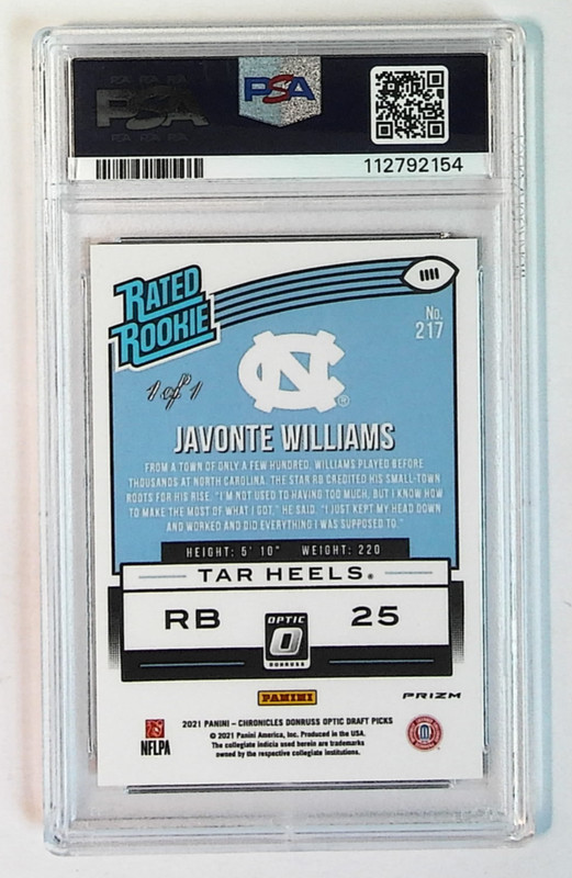 2021 Chronicles DP Javonte Williams Donruss Optic RC Rookie Gold Vinyl 1/1 PSA 9 view 2