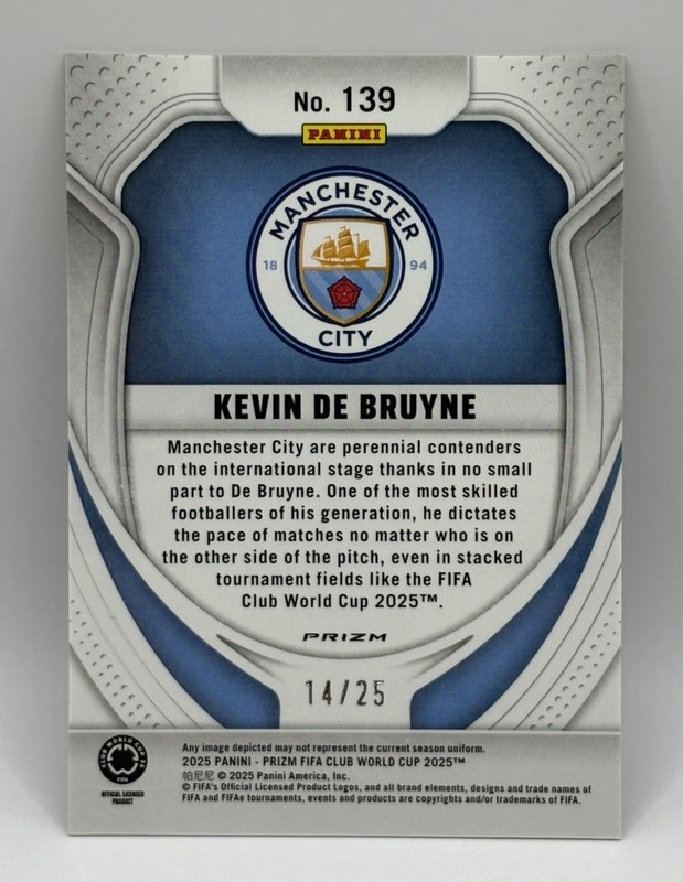 KEVIN DE BRUYNE 2025 PANINI PRIZM FIFA CLUB WORLD CUP No. 139 GOLD /25 Card RARE view 2