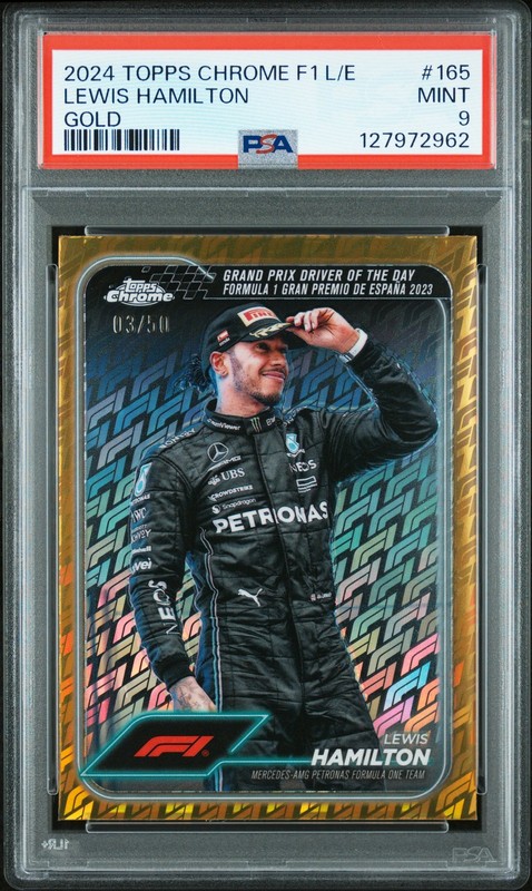 2024 TOPPS CHROME FORMULA 1 LOGOFRACTOR EDITION GOLD LEWIS HAMILTON 3/50 PSA 9