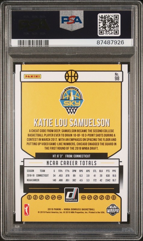 Katie Lou Samuelson /10 Gold Laser Rookie RC 2019 Donruss WNBA #98 PSA 9 view 2