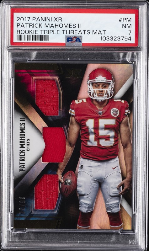 2017 PANINI XR ROOKIE TRIPLE THREATS MATERIALS PATRICK MAHOMES II RC /99 PSA 7