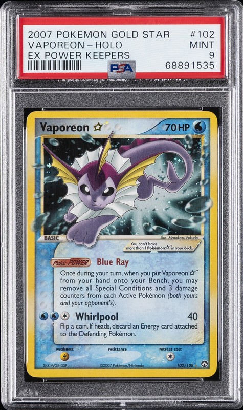 2007 POKEMON EX POWER KEEPERS GOLD STAR #102 VAPOREON-HOLO PSA 9