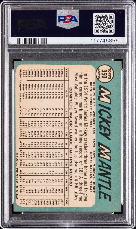 1965 TOPPS #350 MICKEY MANTLE PSA 6 view 2