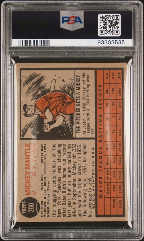 1962 TOPPS #200 MICKEY MANTLE PSA 1 view 2